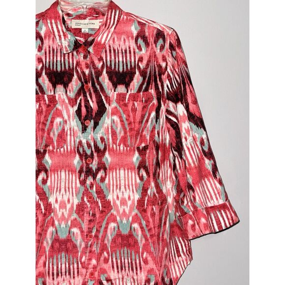 Jones New York Sport Ikat Top 100% Linen Button Shirt Western Art Lagenlook Med - Picture 4 of 15